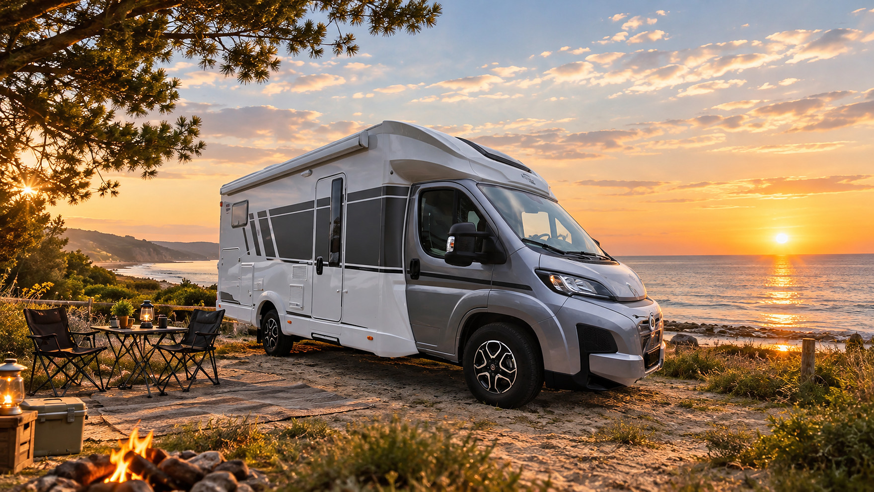 Obytný vůz Carado T 328 Pro+, vůz 1 u moře při západu slunce