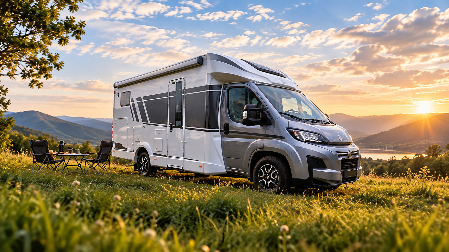 Obytný vůz Carado T 328 Pro+, vůz 2 na louce při západu slunce